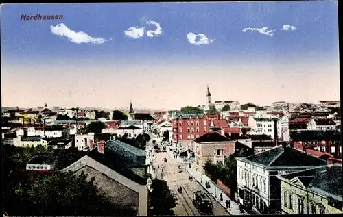 Ak Nordhausen am Harz, Panorama, Kirchturm, Straßenbahn