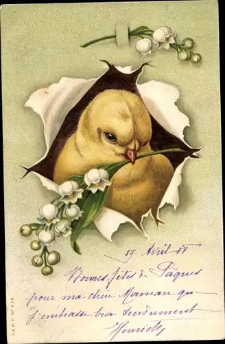 Litho Glückwunsch Ostern, Küken mit Maiglöckchen