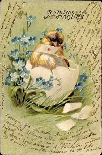 Präge Ak Glückwunsch Ostern, Küken in Eierschale, Vergissmeinnicht