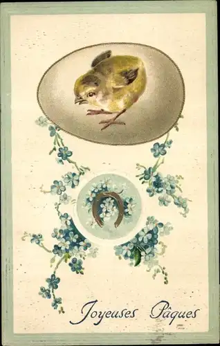 Präge Ak Glückwunsch Ostern, Küken, Hufeisen, Vergissmeinnicht