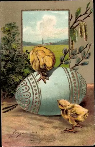 Präge Litho Glückwunsch Ostern, Osterei, Küken, Weidenkätzchen