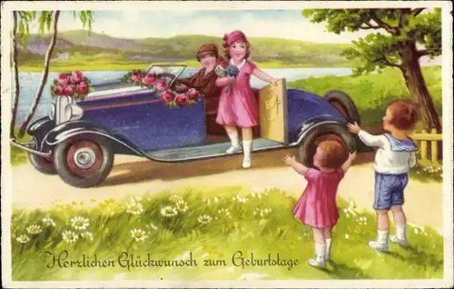 Ak Glückwunsch Geburtstag, Kinder, Rosen, Auto