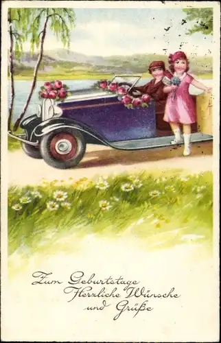 Ak Glückwunsch Geburtstag, Kinder, Auto, Rosen
