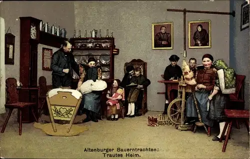Ak Altenburger Bauerntrachten, Trautes Heim, Spinnrad, Babywiege