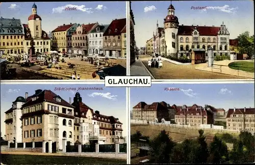 Ak Glauchau in Sachsen, Markt, Postamt, Städtisches Krankenhaus, Kaserne