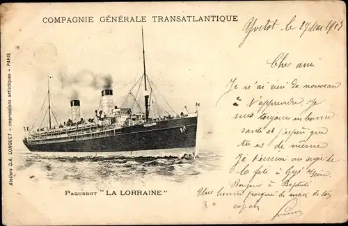 Ak Paquebot La Lorraine, CGT, Passagierdampfer