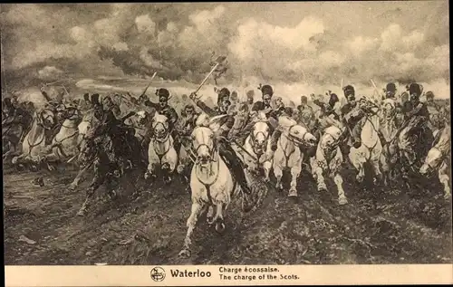 Künstler Ak Napoleon, Waterloo, Charge ecossaise, Charge of the Scots, Schotten
