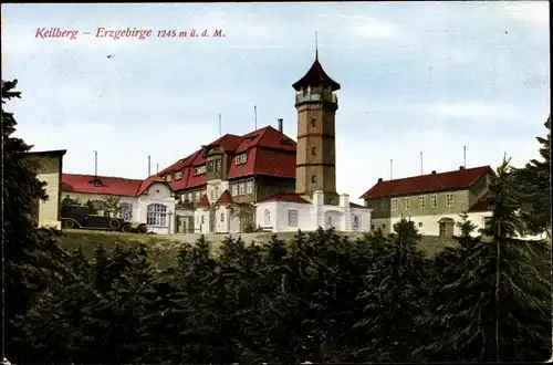 Ak Klínovec Keilberg Erzgebirge Reg. Karlsbad, Bergbaude, Aussichtsturm