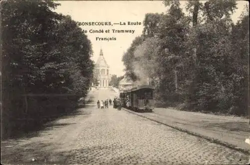 Ak Bonsecours Seine Maritime, La Route de Condé et Tramway Francais