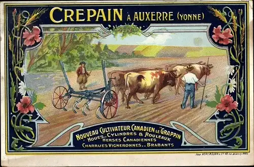 Ak Auxerre Yonne, Crepain, Nouveau Cultivateur Canadien le Grappin, Rinderpflug