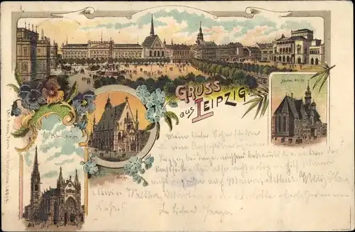 Litho Leipzig in Sachsen, Peters-Kirche, Thomas-Kirche, Stadtansicht