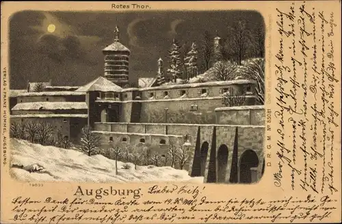 Mondschein Litho  Augsburg in Schwaben, Rotes Tor bei Nacht im Winter