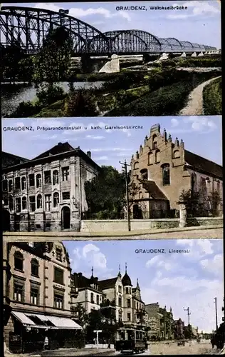 Ak Grudziądz Graudenz Westpreußen, Weichselbrücke, Präparandenanstalt, Garnisonkirche, Lindenstraße