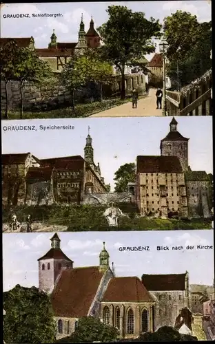 Ak Grudziądz Graudenz Westpreußen, Schloßbergstraße, Speicherseite, Kirche