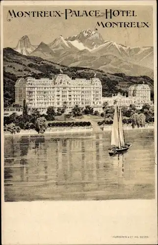 Künstler Litho Montreux Kanton Waadt Schweiz, Montreux-Palace-Hotel, Segelboot