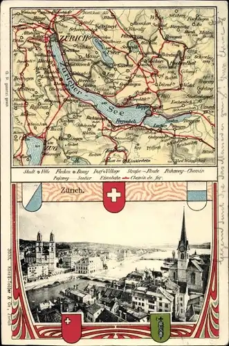 Landkarten Wappen Ak Zürich Stadt Schweiz, Stadtansicht, Züricher See