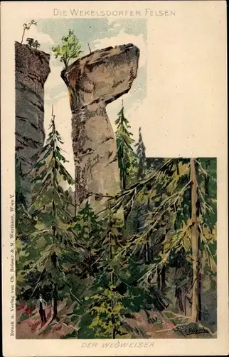 Künstler Litho Pippich, K., Teplice nad Metují Wekelsdorf Königgrätz, Wekelsdorfer Felsen, Wegweiser