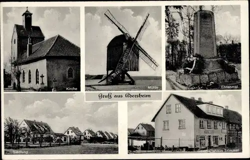 Ak Adersheim Wolfenbüttel, Kirche, Windmühle, Ehrenmal, Siedlung, Geschäftshaus Trimmel