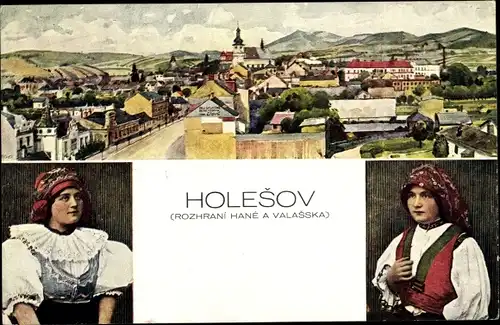 Ak Holešov Holleschau Holeshof Region Zlin, Frauen in Trachten, Stadtansicht