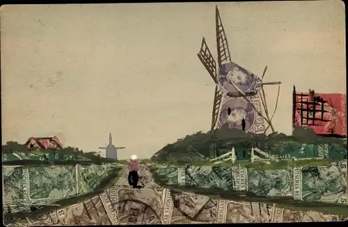 Handgemalt Briefmarken Ak Landschaft mit Windmühle aus Briefmarken
