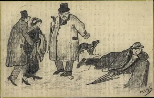 Handgemalt Ak Betrunkener Mann, Paar, Hund