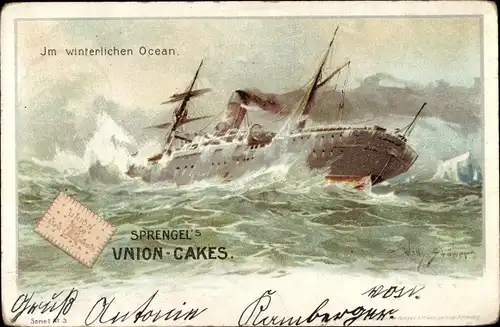 Künstler Litho Stöwer, Willy, Reklame, Sprengel's Union Cakes, Dampfer im winterlichen Ozean