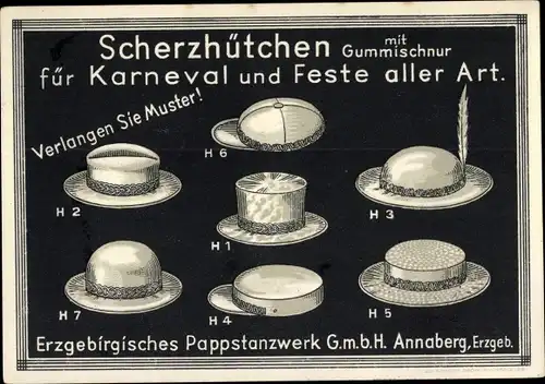 Ak Annaberg Buchholz Erzgebirge, Scherzhütchen für Karneval, Erzgebirg. Pappstanzwerk GmbH