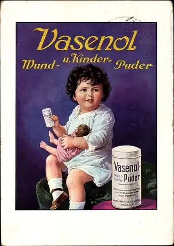 Ak Reklame, Vasenol Wund und Kinderpuder, Mädchen mit Puppe