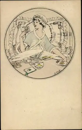 Künstler Ak Midderigh Bokhorst, B., Frau liest Briefe im Bett