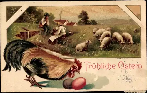 Präge Litho Glückwunsch Ostern, Schafe auf der Weide, Hahn, Ostereier