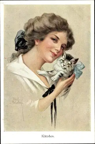 Künstler Ak Gnischaf, Ruab, Kätzchen, Junge Frau mit Katzenbaby