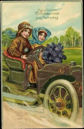 Präge Ak Glückwunsch Namenstag, Paar in einem Automobil