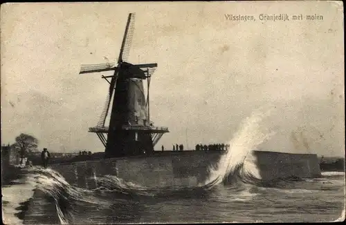 Ak Vlissingen Zeeland Niederlande, Oranjedijk met molen