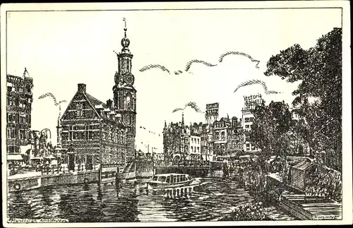 Ak Amsterdam Nordholland Niederlande, Gracht, Kirche, Gebäude, Boot