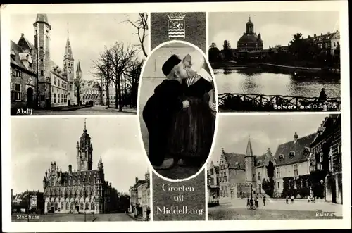 Ak Middelburg Zeeland Niederlande, Abdij, Bolwerk met Oosterkerk, Stadhuis, Balans, küssende Kinder