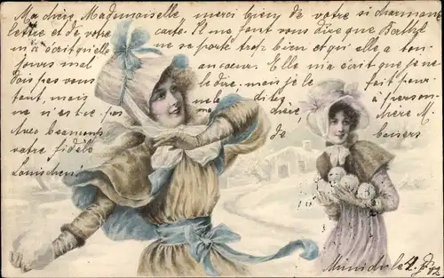 Künstler Ak Zwei junge Frauen, Schneebälle, Munk