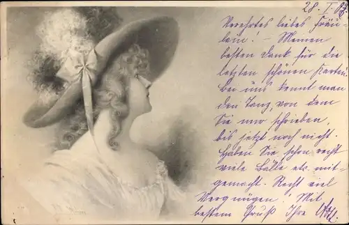 Künstler Ak Wichera, Junge Frau mit Hut, Profilansicht, Munk