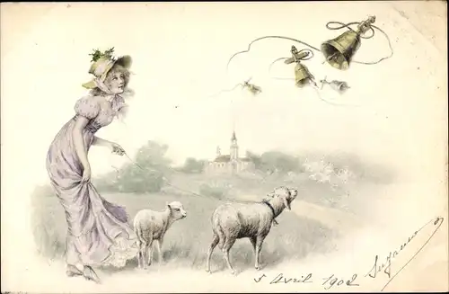 Ak Glückwunsch Ostern, Frau mit Lämmern, Kirche, Glockenläuten, Munk