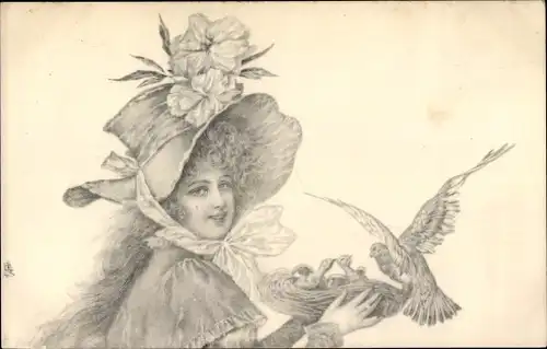 Ak Junge Frau mit Hut, Taubennest