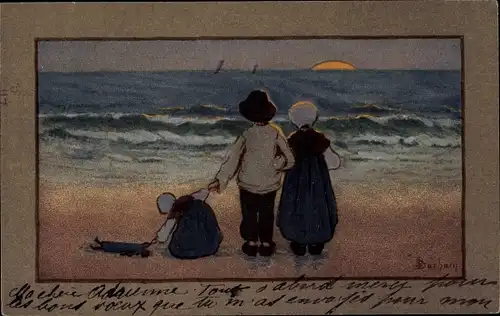 Künstler Ak Barham, S., Kinder am Strand beim Sonnenuntergang