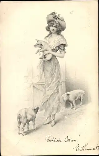 Künstler Ak Frau in langem Kleid, Drei Schweine, Glückwunsch, Munk