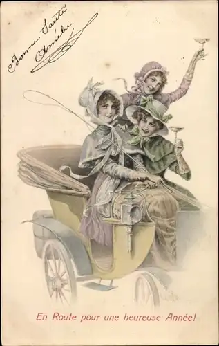 Ak Glückwunsch Neujahr, Drei Frauen auf einer Kutsche