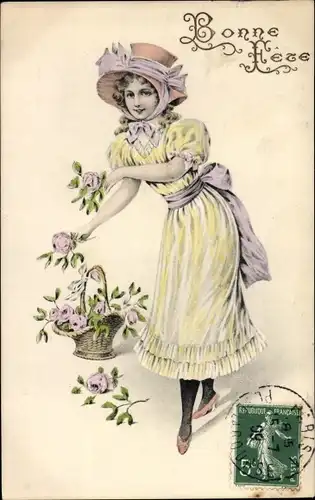 Ak Bonne Fete, Junge Frau mit Hut, Rosen