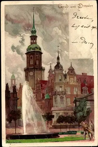 Künstler Litho Kley, Dresden Altstadt, Königliches Schloss, Fontäne