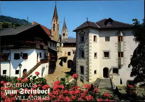 Ak Villanders Villandro Südtirol, Gasthaus zum Steinbock, Straßenansicht mit Kirche