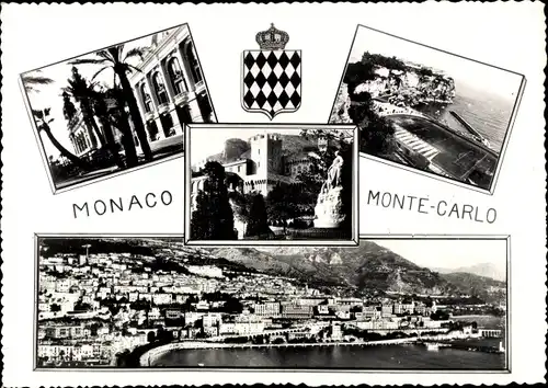 Ak Monte Carlo Monaco, Wappen, Palmen, Ortsansicht