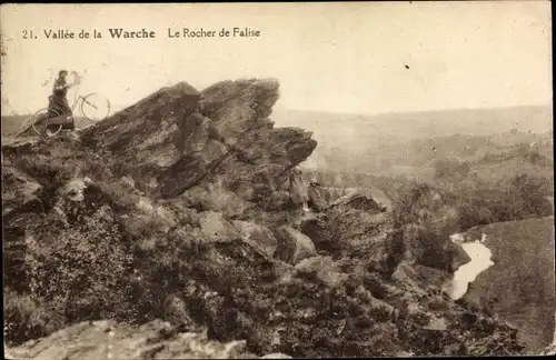 Ak Malmédy Wallonien Lüttich, Vallee de la Warche, Le Rocher de Falise, Fahrrad