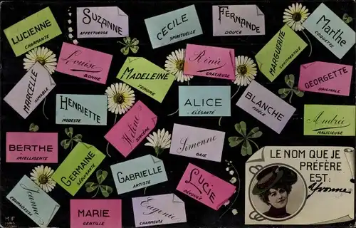 Ak Weibliche Vornamen, Lucienne, Suzanne, Cecile, Marthe, Alice, Glücksklee