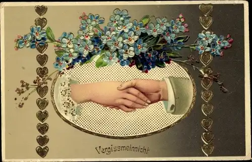 Ak Händedruck, Vergissmeinnicht, Liebe, Herzen