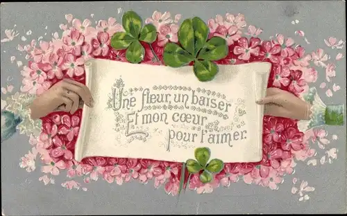 Präge Ak Händedruck, Blumen, Glücksklee, Une fleur un baiser...
